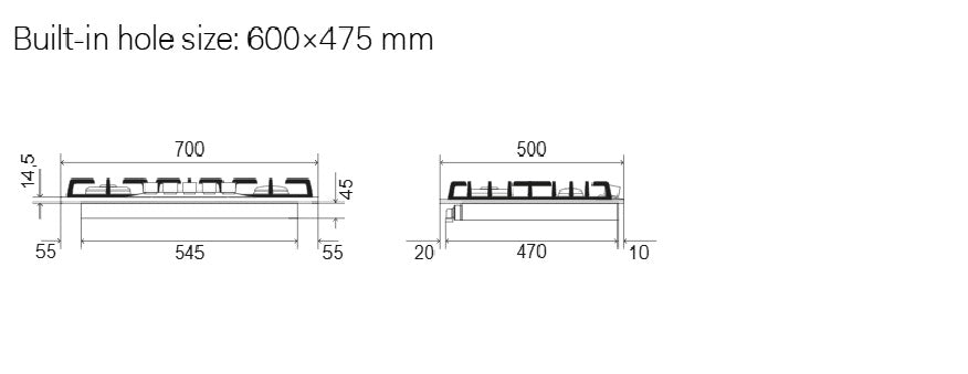ILVE Nostalgie 70 cm gas hob in enamelled steel with 5 burners and dual burner – måltegning 1