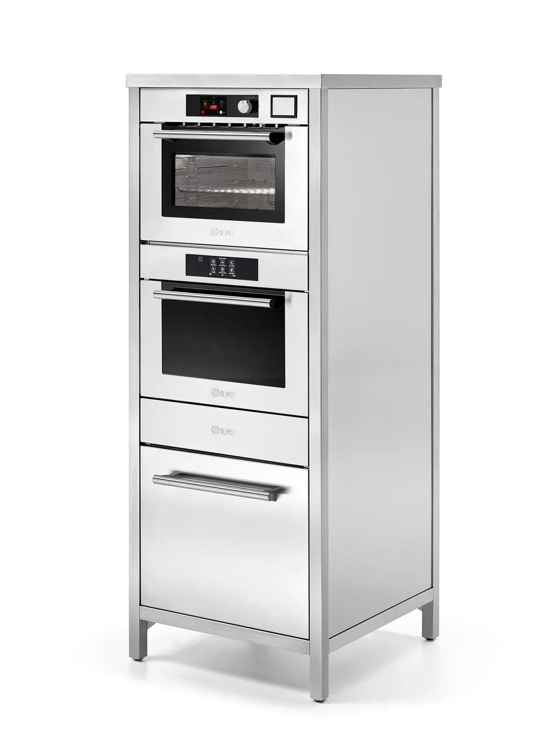 ILVE Star Chef Professional Plus frittstående kokesøyle i rustfritt stål med 645SLHSW Ultra Combi Ovn, BC645SLTC Blast Chiller, VM615SL Vakuumboks og Oppbevaringsboks