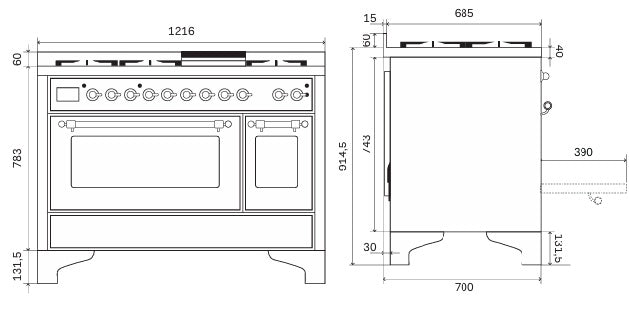 Stove - Majestic - 120 cm - Gas stove/Induction, 2 ovens – måltegning 1