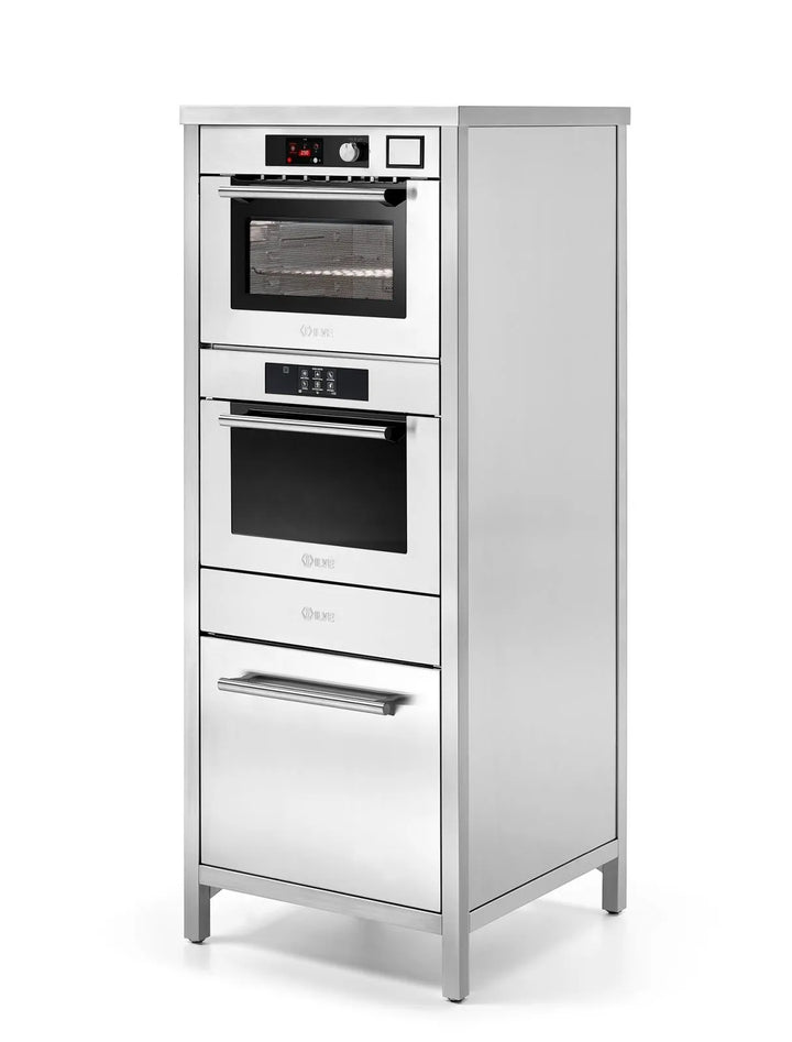 ILVE Star Chef Professional Plus frittstående kokesøyle i rustfritt stål med 645SLHSW Ultra Combi Ovn, BC645SLTC Blast Chiller, VM615SL Vakuumboks og Oppbevaringsboks 