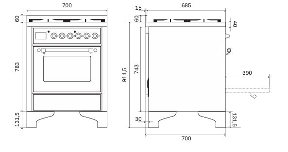 Stove - Majestic - 70 cm - Gas stove, 1 oven – måltegning 1